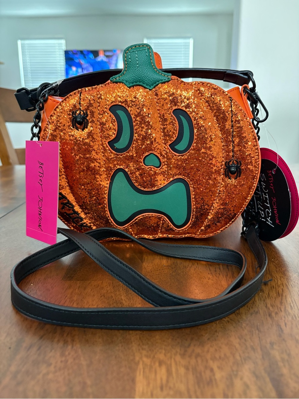 Betsey Johnson Orange Glitter Pumpkin Crossbody with Green Face and Black Strap